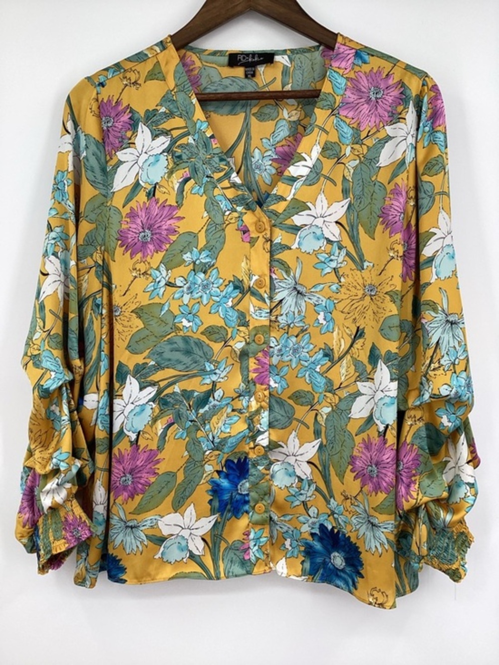 RD & KOKO by Anthropologie Satin Floral V-Neck Button Blouse in Yellow